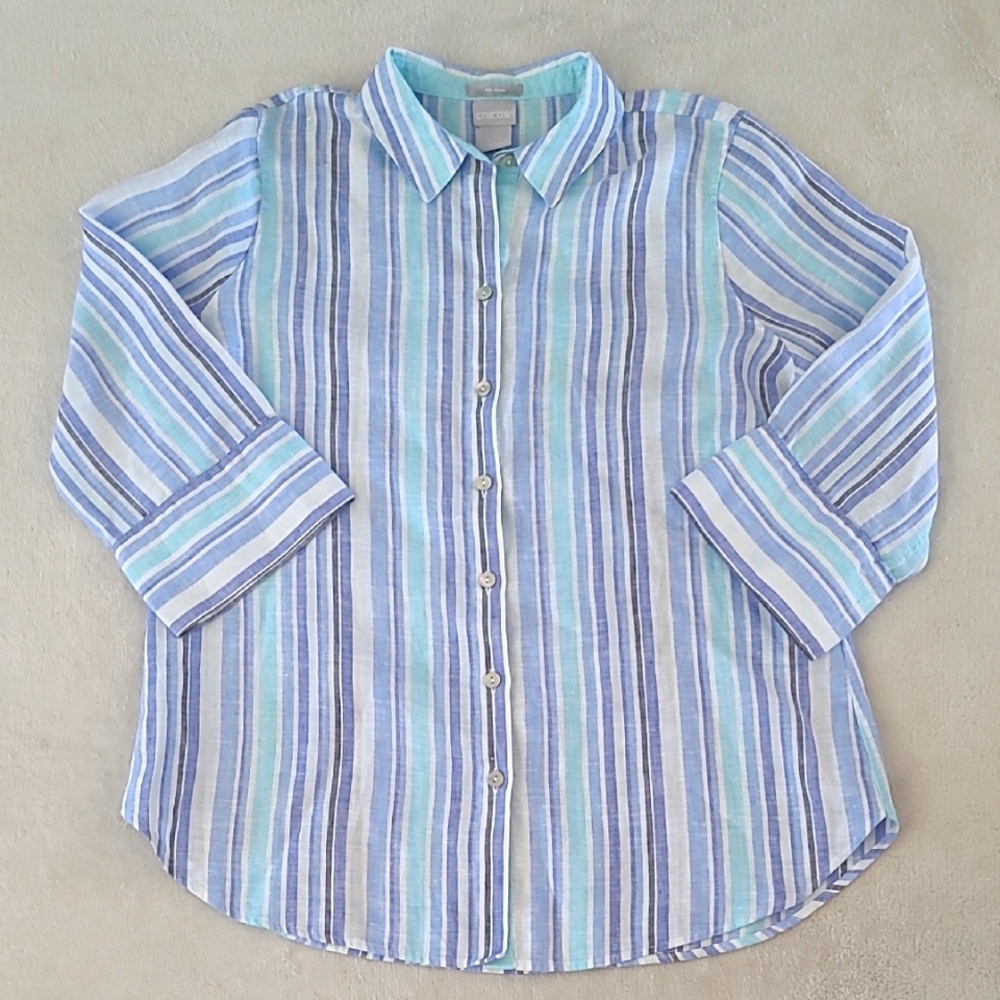 Chicos Pure Linen Button Down Shirt Blue Aqua Striped No Iron Size US 4 Relaxed